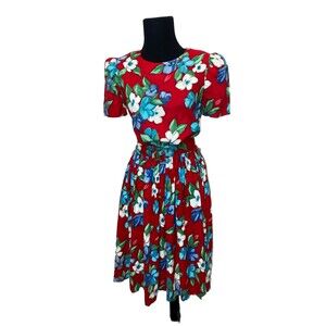 CGJ Vintage 80s Blue Floral Midi Button Dress Size 7